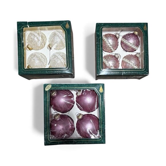 Lot 3 Vintage Christmas by Krebs Glass Ornaments Frosted Ivory Rose Mauve 12pc - Picture 1 of 11